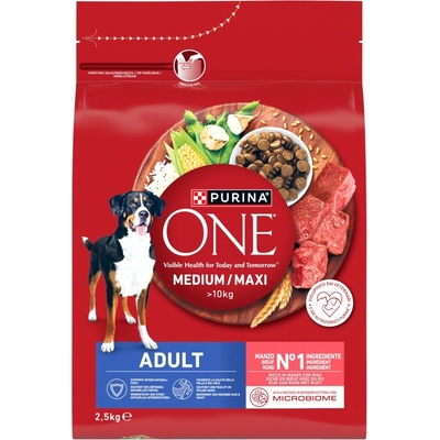 ONE Adult Medium/Maxi Храна за възрастни кучета, богата на говеждо месо с ориз, 2, 5 кг