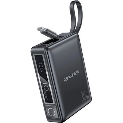 Awei Аварийно зарядно устройство AWEI P87K USB+Type-C гнездо 10000mAh, PD бързо зарядно устройство + фиксиран Type-C кабел, ЧЕРНО (P87K)