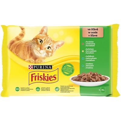 Friskies Cat hovädzie kura tuniak treska v šťave 4 x 85 g