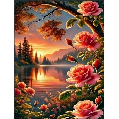 Norimpex diamantové malování 30 x 40 cm Jezero s růžemi při západu slunce – Hledejceny.cz
