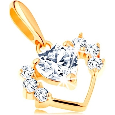 Šperky eshop Přívěsek ve žlutém 14K zlatě úzká kontura srdce se zirkony čiré srdíčko GG118.10