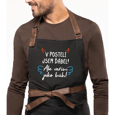 Kariban Zástěra pro muže Exclusive V posteli jsem ďábel! Ale vařím jako bůh! Černá Black