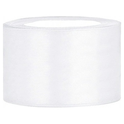 PartyDeco Stuha saténová bílá 38 mm x 25 m - bílé saténové široké dekorační stuhy 3,8 cm x 25 m na svatební aranžmá, mašle, dekorace