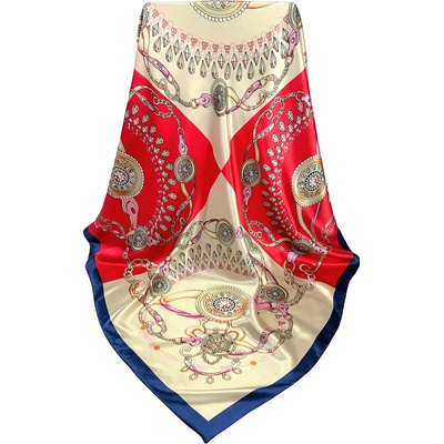 viskózový šátek na krk s ornamenty růžice čtvercový červený béžový růžový a modrý