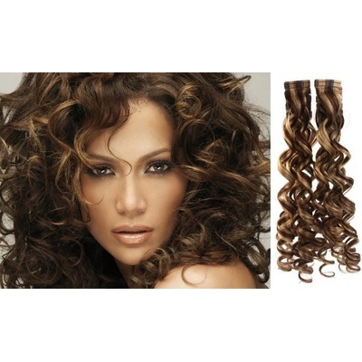 Vlasy pro metodu Pu Extension / TapeX / Tape Hair / Tape IN 60cm kučeravé - tmavý melír