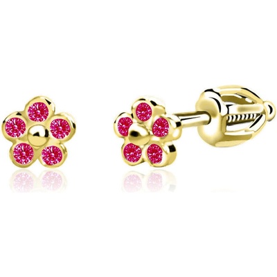 Duppi detské náušnice nezábudky DU 70549 zo žltého zlata s kamienkami rubínovo červenými zapínanie balónik