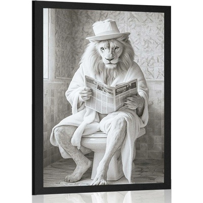 Plakát bílý lev s novinami na záchodě - 60x90 silver