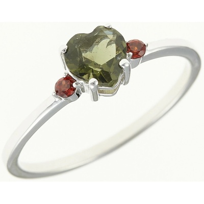 My Moldavite Stříbrný prsten s vltavínem a granáty srdce 150G