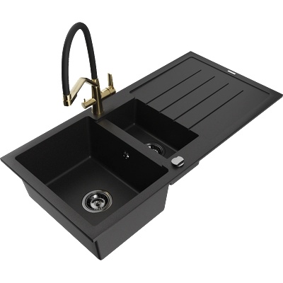 Mexen Andres гранитна мивка 1, 5-коморна с отцедник и кухненски смесител Duo, черен - 6515-77-671701-57-B (6515-77-671701-57-B)