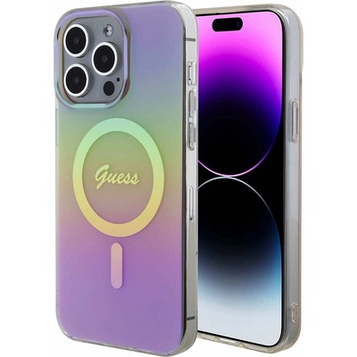 GUESS IML Iridescent Script MagSafe Case - дизайнерски силиконов кейс с MagSafe за iPhone 15 Pro Max (розов)