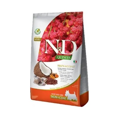 Farmina N&D Quinoa Skin & Coat - Пълноценна храна за израснали кучета от малки и мини породи за здрава козина и кожа, с херинга, кокос, киноа и куркума, 7кг