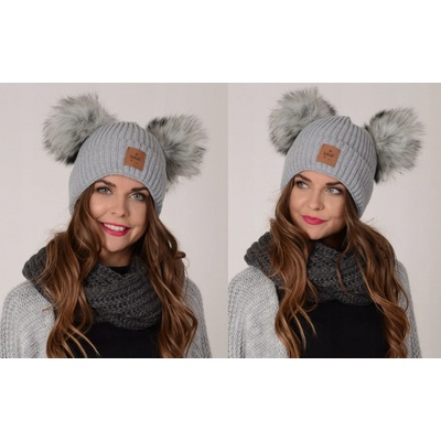 Fashionweek dámská zimní čepice se dvěma bambulkami ZIZI-J1 šedý