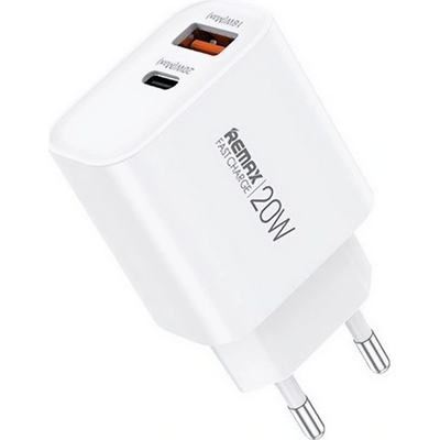 REMAX KIDDY мрежово зарядно устройство USB+Type-C гнездо 20W, PD бързо зарядно устройство, БЯЛО RP-U120 (RP-U120)
