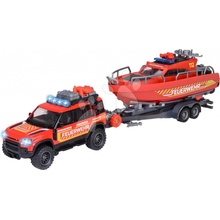 Majorette Autíčko hasičské s prívesom a loďou Land Rover Fire Rescue kovové so zvukom a svetlom dĺžka 33,5 cm