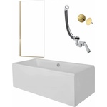 Besco Комплект правоъгълна вана Besco Quadro 175x80 см бяла, параван за вана Rea Elegant 70x140 см златен, сифон и капак за сифон (QUA17580+5902557355860+58140180+58185990)