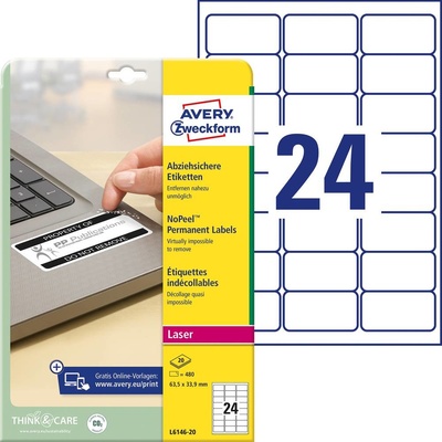 Avery-Zweckform L6146-20 63.5 x 33.9 mm prehľad produktov fólie biela 480 ks trvalé bezpečnostné štítky laser; L6146-20