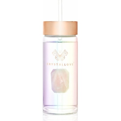 Crystallove Clear Quartz Straw Water Bottle skleněná láhev na vodu s brčkem Hologram - Rose Quartz 400 ml