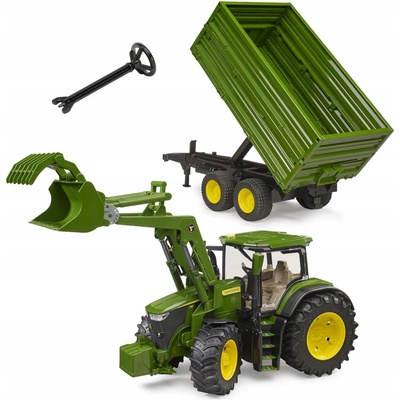 Bruder 3155 traktor John Deere 7R 350 s čelním nakladačem a tandemovým přepravním přívěsem