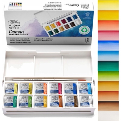 WINSOR & NEWTON COTMAN - SKETCHERS' POCKET BOX - AKVARELOVÉ FARBY - SADA 12 POLPANVIČIEK + ŠTETEC