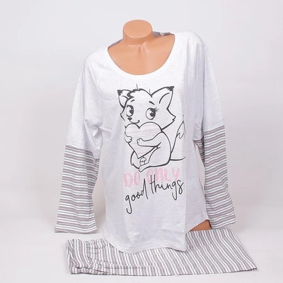 Бледосива макси пижама с лисиче и раиран десен