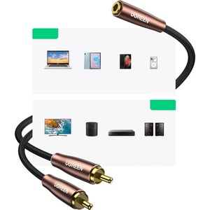 UGREEN Качествен аудио кабел 2xRCA (мъжко) към 3.5мм аудио жак (женски) (300 см) (черен-кафяв) - Ugreen AV198 2xRCA Male to 3.5mm Female Audio Cable (60987)