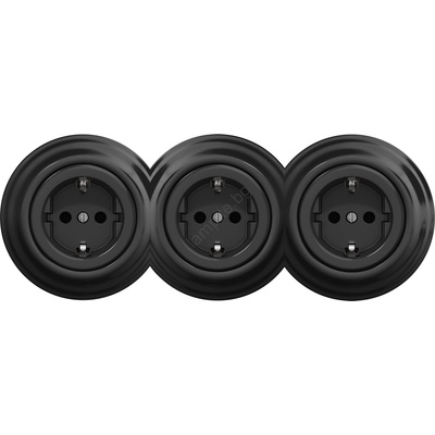 Kliklap - Тройна ретро розетка за домашна употреба с рамка SCHUKO 230V, черна (KA0018B)