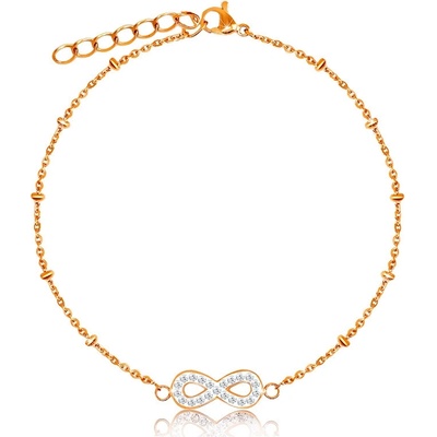 Šperky Eshop ocelový v měděné barvě symbol nekonečna s krystalky jemný řetízek s korálky S41.18
