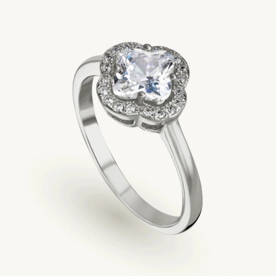 SilveAmo Stříbrný prsten Jetel s bílým zirkonem ve tvaru čtyřlístku KK2F2042 16