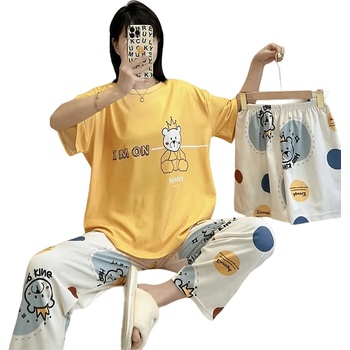 Image 1 of Дамска пижама в жълто с мечета и цветни кръгове - 3 части