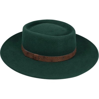 Fiebig Headwear since 1903 Dámský klobouk vlněný s širší krempou zelený s hnědou koženou stuhou