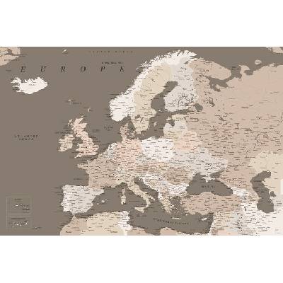 Plagát, Obraz - Detailed map of Europe in earth tones, Blursbyai, 40 × 26.7 cm