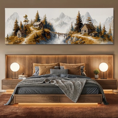 Obraz na plátně - Osada u mlžného mostu FeelHappy.cz Velikost obrazu (šířka x výška): 240 x 80 cm