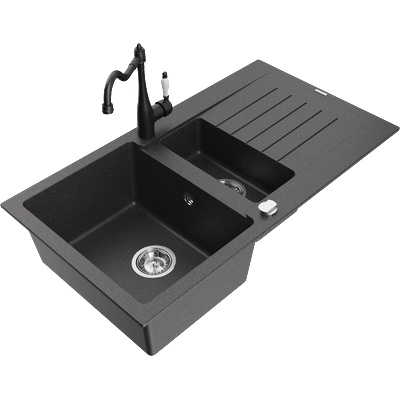 Mexen Matias гранитна мивка 1, 5 камери със сушилник и кухненски смесител Carla, черен на пръски - 6502-76-670700-70 (6502-76-670700-70)