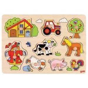 Goki Wooden puzzle with handles, puzzle - Farm theme, Goki 57995