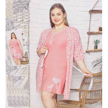 Розов макси комплект от халат и нощница с бели пера