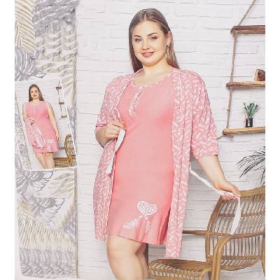 Розов макси комплект от халат и нощница с бели пера