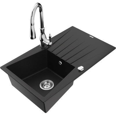 Mexen Cesar гранитна мивка с 1 отделение с отцедник и кухненски смесител Savita, черен - 6514-77-672601-00 (6514-77-672601-00)
