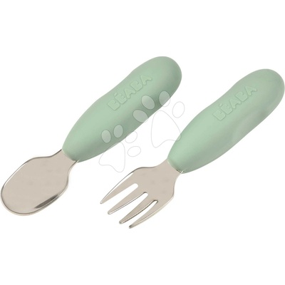 Prvý detský príbor Stainless Steel Pre-Cutlery Sage Green Beaba vidlička a lyžička zelený od 10 mes