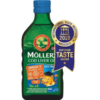 Möller’s Omega-3 + Витамини A, D, E Cod Liver Oil, плодове, 250 ml, Mollers