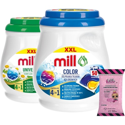 Mill kapsule na pranie bielej a farebnej bielizne 2 x 50 PD + Darček