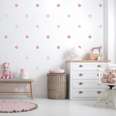 INSPIO 9475f Samolepka na stenu pro dívky - Sivé a růžové bodky, velikost 90 x 30 cm