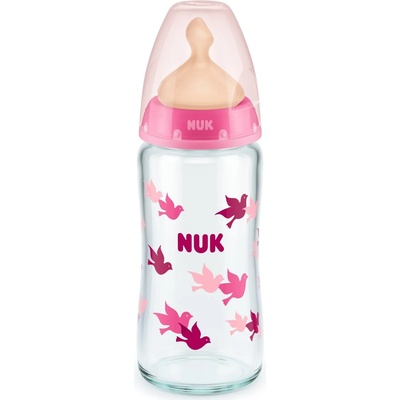 Nuk Стъклено шише с каучуков биберон Nuk - First Choice, TC, 240 ml, розово (10745122)