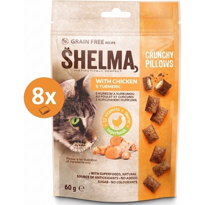 Shelma bezobilninové maškrty pre mačky kuracie mäso a kurkuma 8×60 g