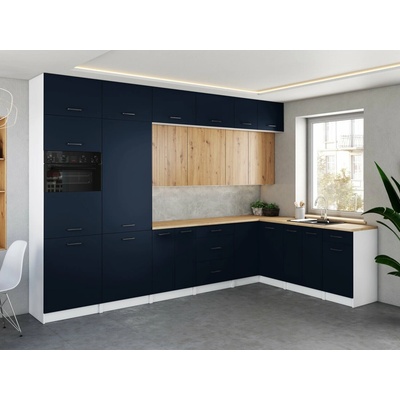 FRONTI FAFOR Rohová kuchynská linka WERIA 330x210cm Marine blue + dub artisan