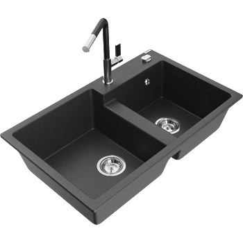 Mexen Tomas кухненска гранитна мивка с 2 отделения с кухненски смесител Flora, черен на петна - 6516-76-670401-07 (6516-76-670401-07)