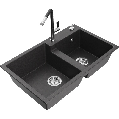 Mexen Tomas кухненска гранитна мивка с 2 отделения с кухненски смесител Flora, черен на петна - 6516-76-670401-07 (6516-76-670401-07)