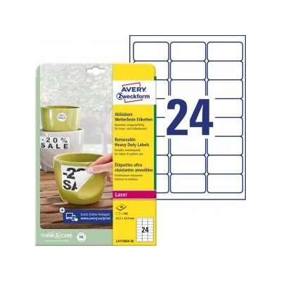 Etikety polyesterové veľmi odolné 63,5x33,9mm Avery A4 biele odnímateľné 20 hárkov