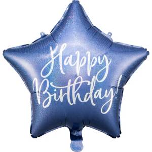 PartyDeco Балон от фолио звезда - Happy Birthday кралско синьо 40см