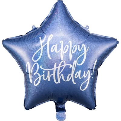 PartyDeco Балон от фолио звезда - Happy Birthday кралско синьо 40см