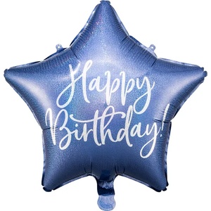 PartyDeco Балон от фолио звезда - Happy Birthday кралско синьо 40см